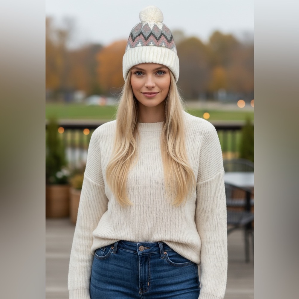 NWT Revolve Hat Attack Fair Isle Pom Cozy Knit Beanie Ivory Women’s OS